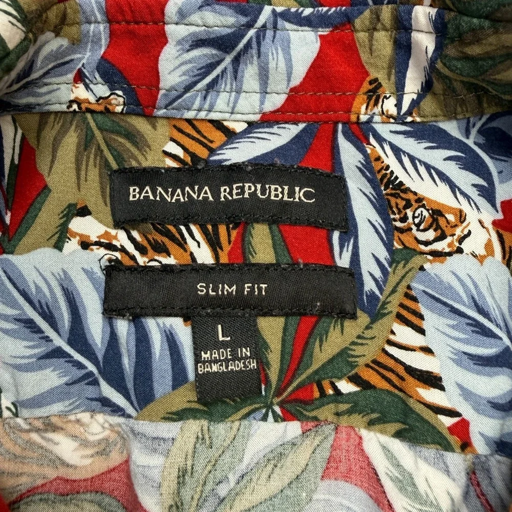 Banana Republic Shirt Mens Large Slim Floral Tiger Palms Camp Loop Resort Rayon